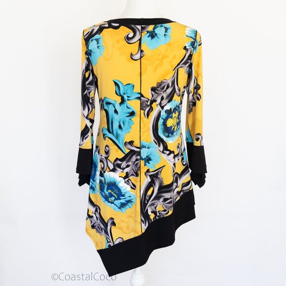 Eva Varro Floral Asymmetric Tunic M Top Yellow Stretch Boho Artsy Flowy Holiday - Picture 2 of 9
